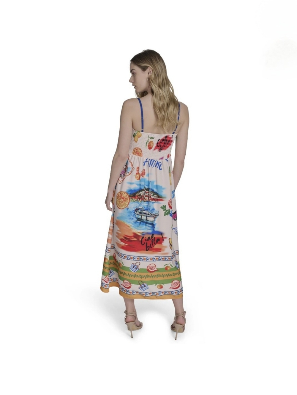Peach Printed Maxi Dress with Smocked Bodice and Blue Straps Size XL - Picture 6 of 9